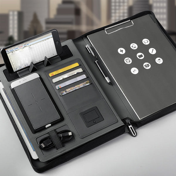 Executive Padfolio with 8000mAh Wireless Charging Power Bank - A4 Leather Business Portfolio Organizer