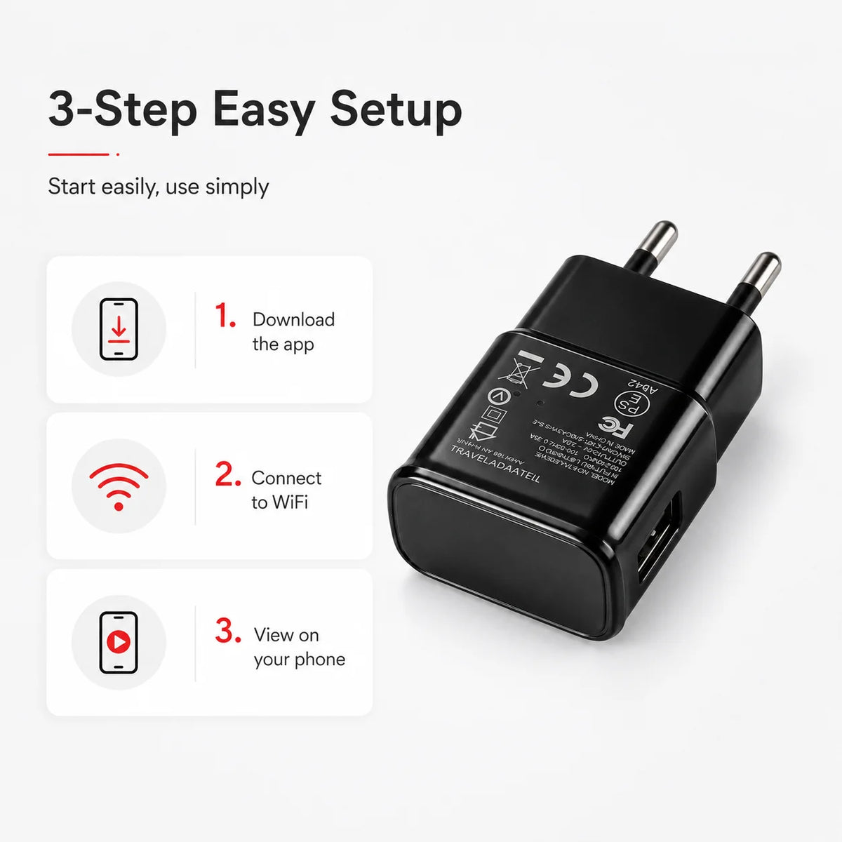 USB charger camera setup and app connection